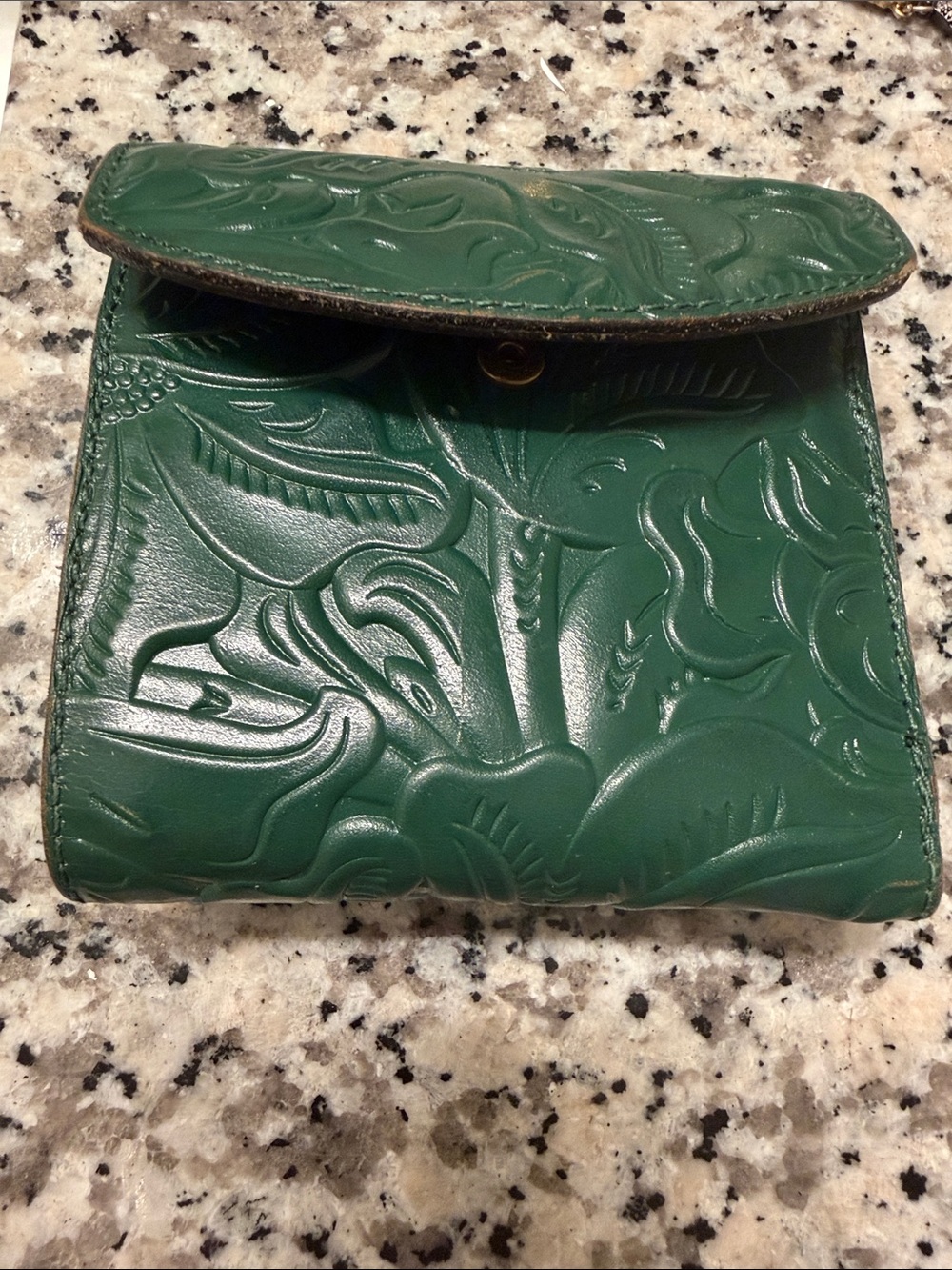 VINTAGE Patricia Nash Emerald Green Floral Tooled Leather Snap Wallet